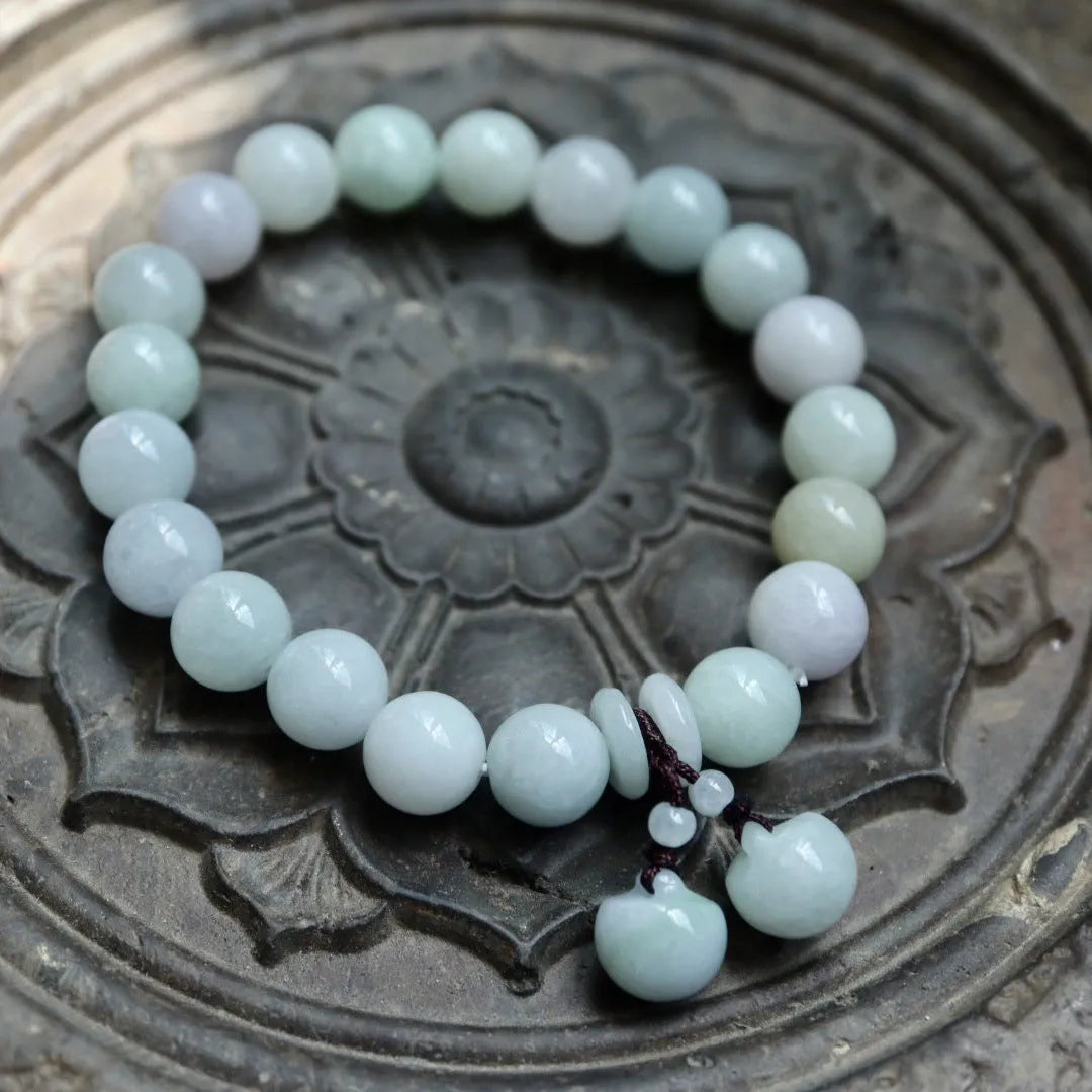 Natural emerald jade bracelet with geometric Maitreya Buddha pendant in adjustable design