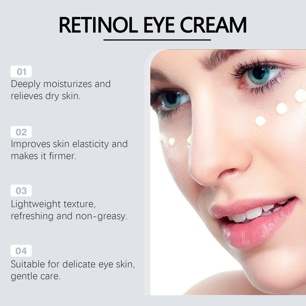 Retinol eye cream tube with moisturising formula, 20g net content, 12.1cm length