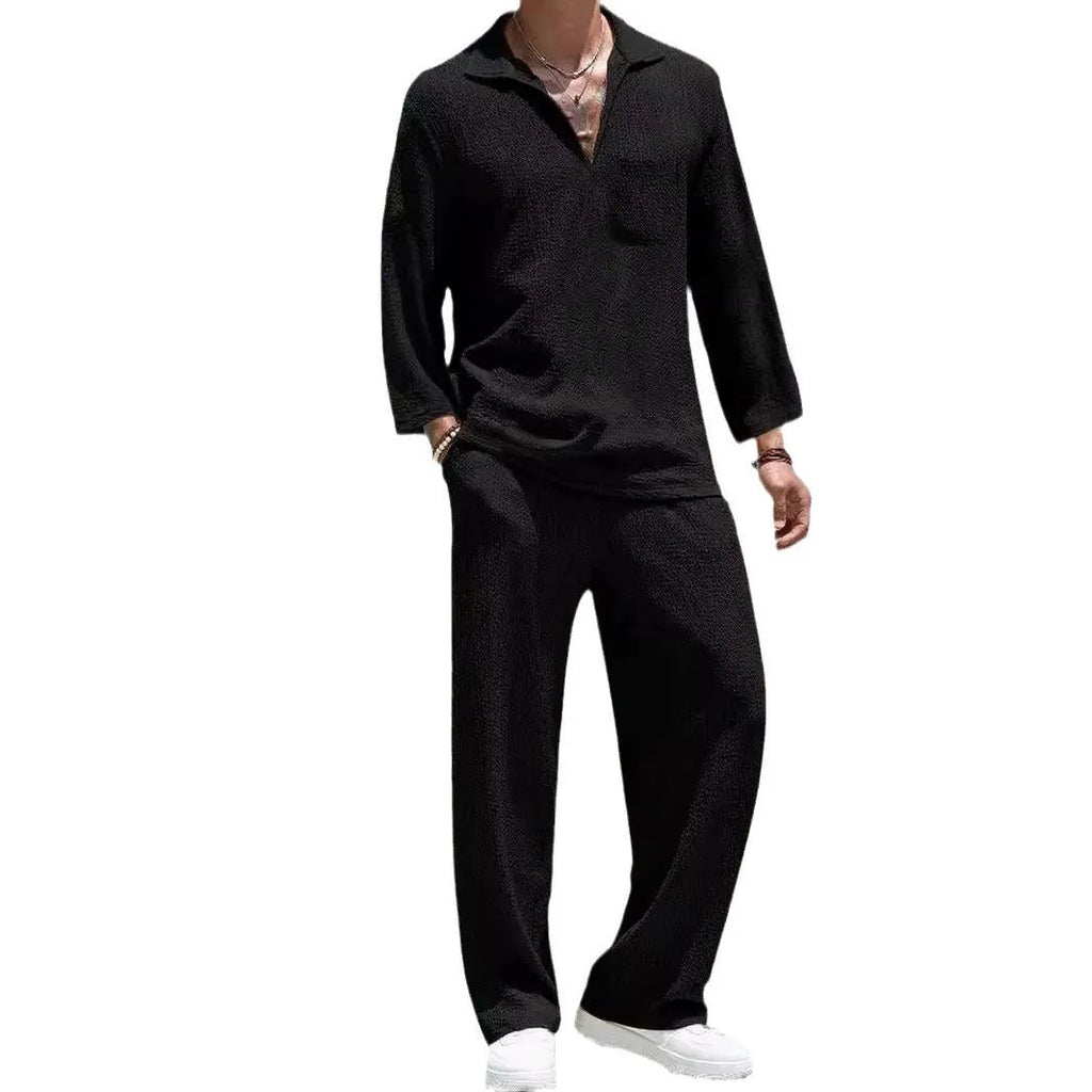 Men's casual polyester shirt and trousers suit set in lake blue colour.