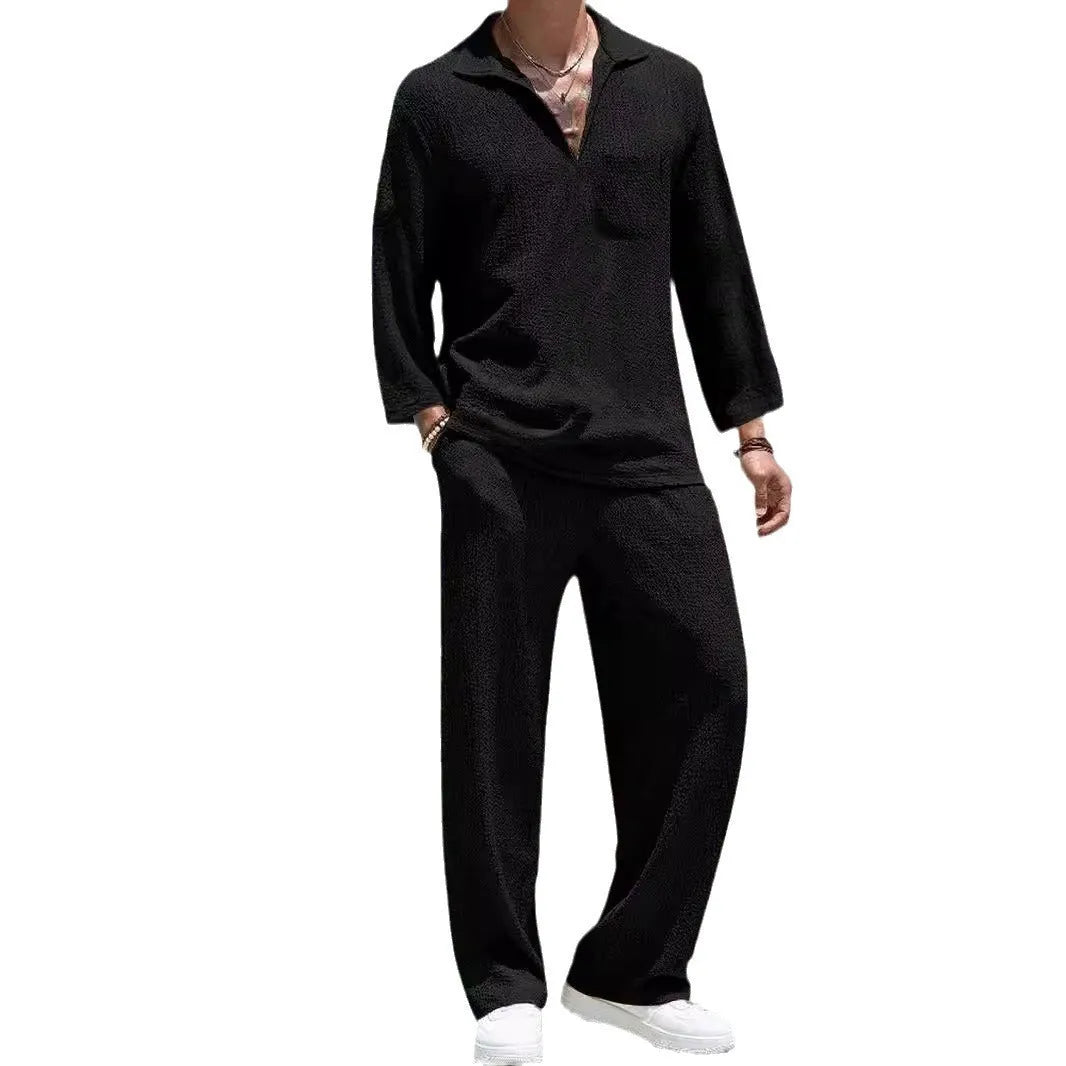 Men's casual polyester shirt and trousers suit set in lake blue colour.