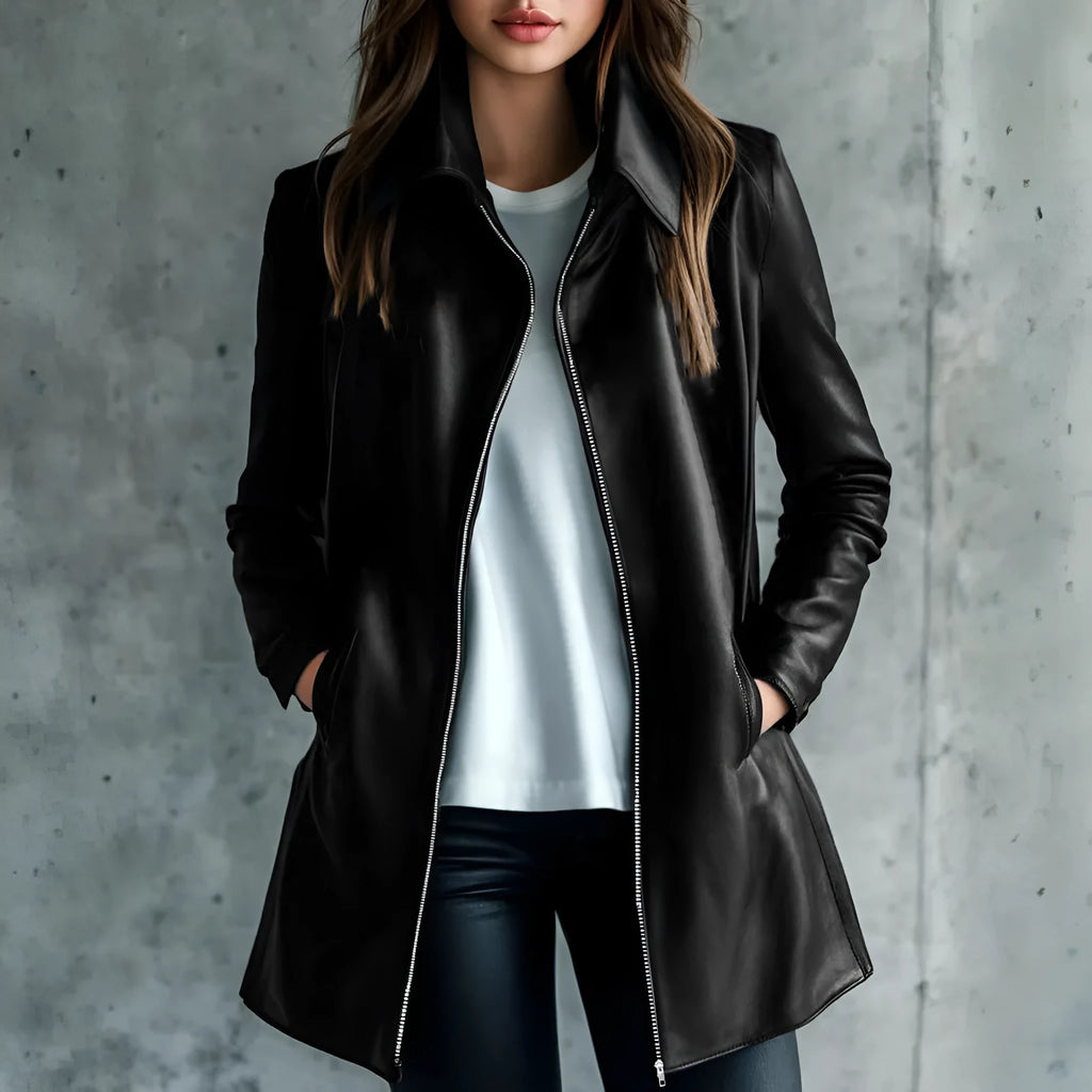Black women's leather jacket with long sleeves and medium 65cm length