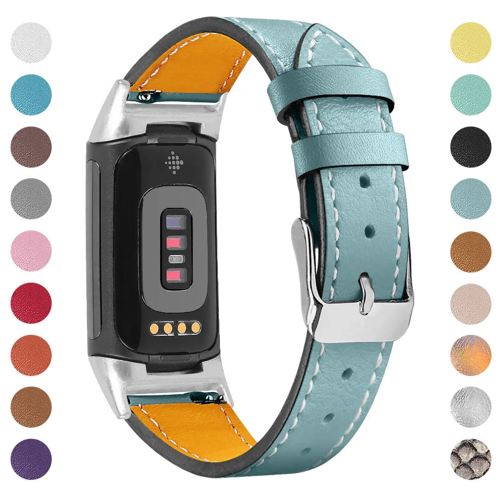 Genuine leather strap for Fitbit Charge 5 and Charge 6 smartwatches in multiple colour options.