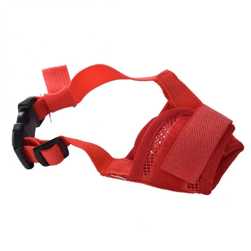 Adjustable plastic dog muzzle in multiple colours showing five size options for biting and barking control