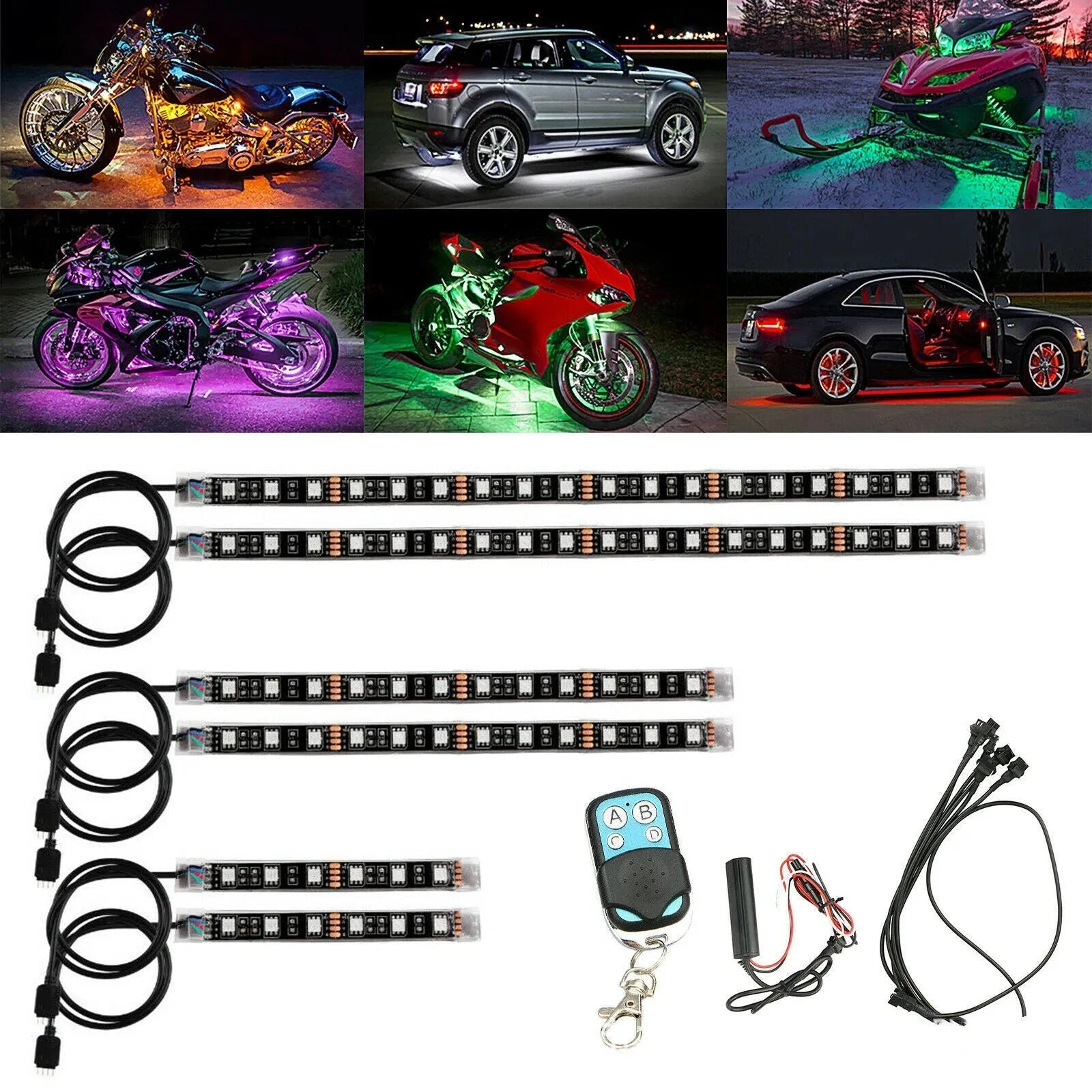 Black RGB LED light bar with wireless remote control for car and motorcycle atmosphere lighting