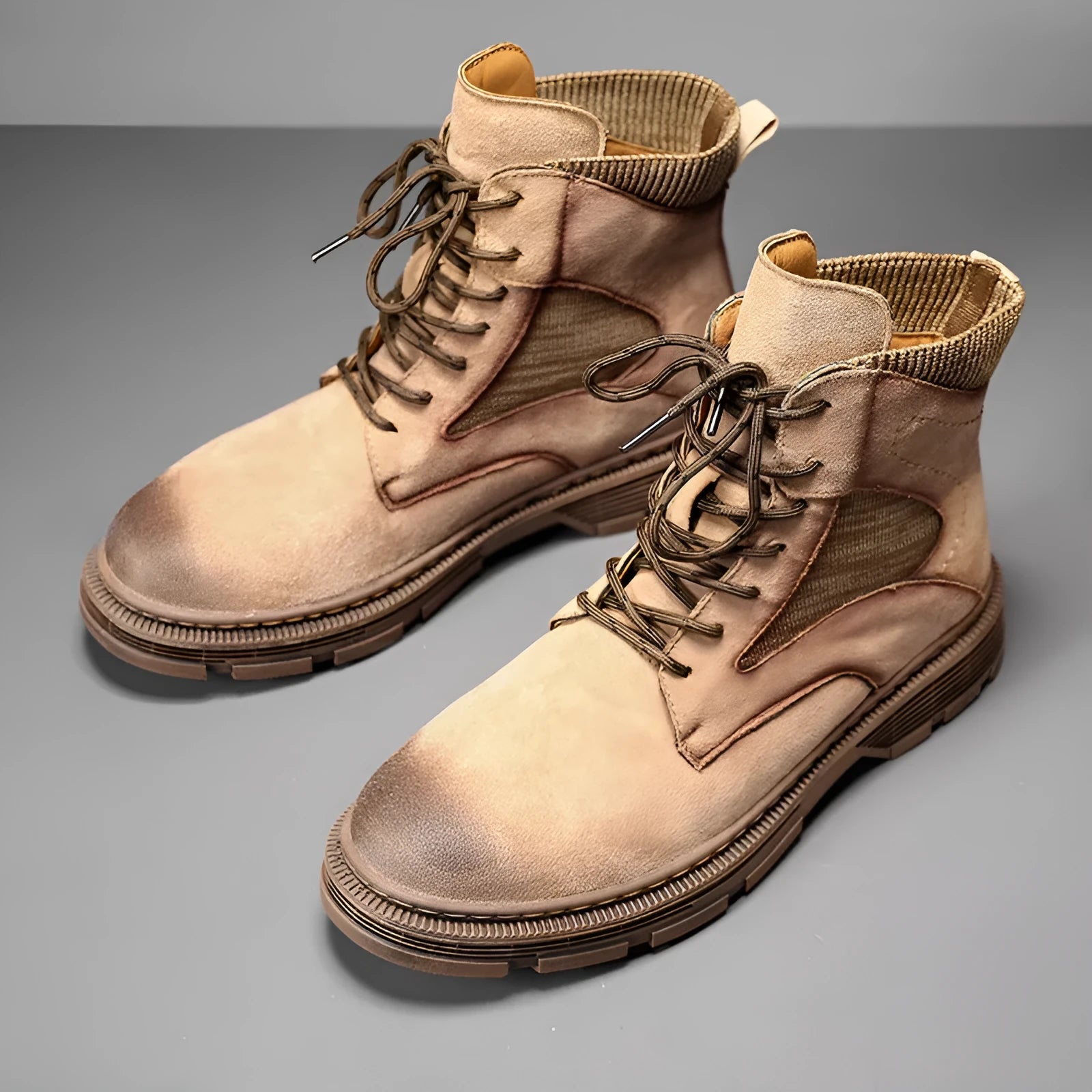 Men's vintage style Martin boots with frosted leather finish and low thick heel