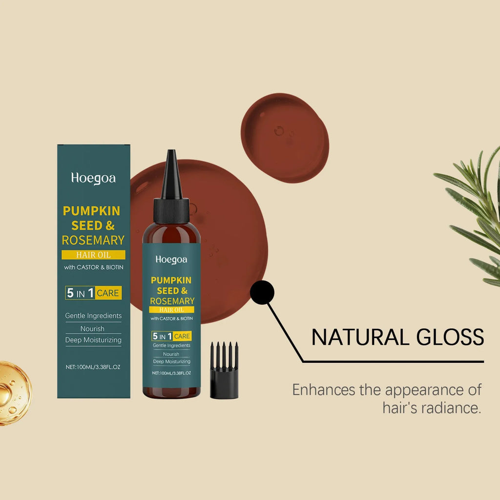 Rosemary hair essential oil 100 ml bottle with pointed applicator and hair comb on a white background.