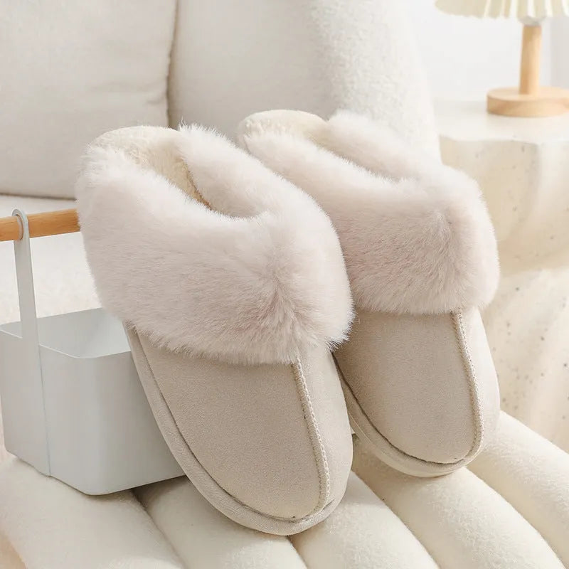 Brown women's plush indoor slippers with round toe, flat heel, and textured PVC anti-slip sole.