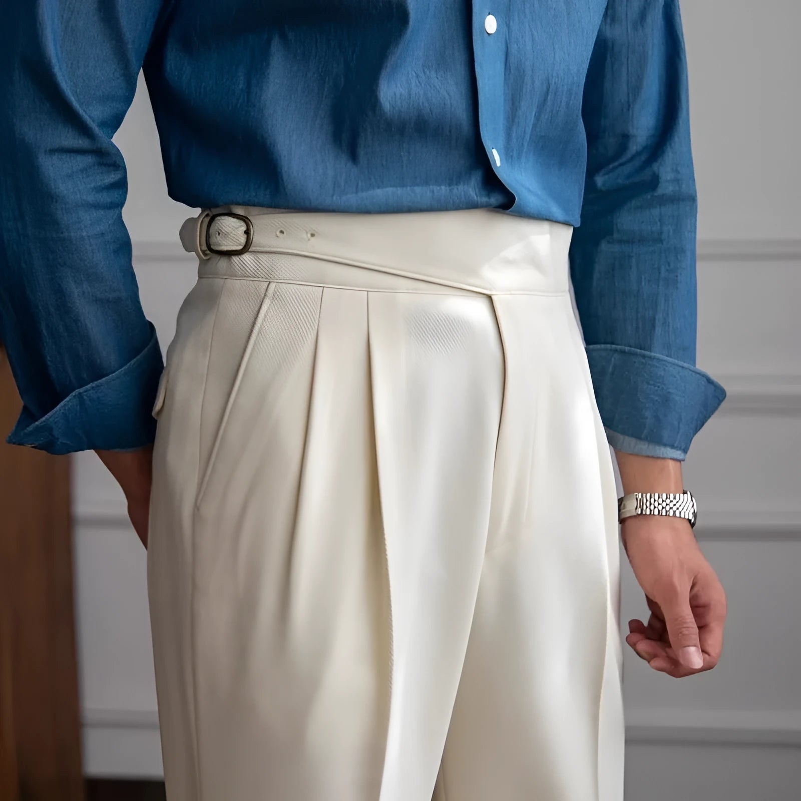Men's high waist straight leg casual trousers in polyester fabric available in four colours