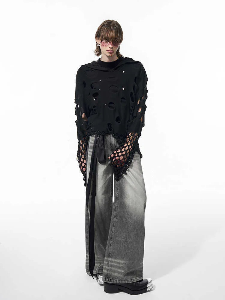 Men's black hoodie with pearl decorative details and hooded collar