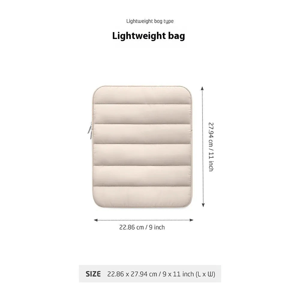 Fluffy puff bag laptop sleeve for 9.7-11 inch devices in black, khaki, or silver with elastic sides.