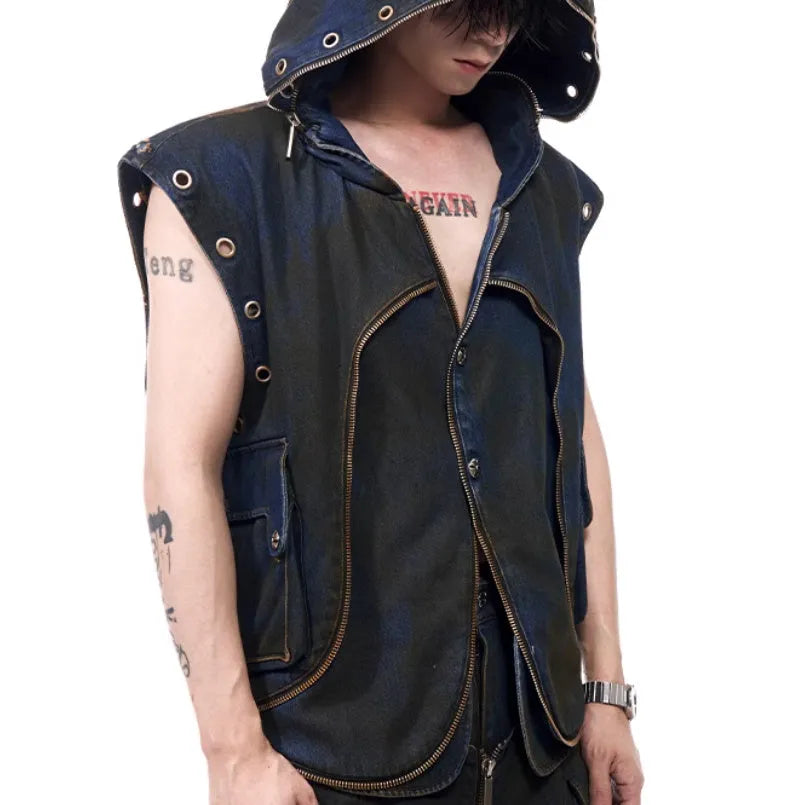 Blue hooded denim vest coat and matching trousers set with front zip closure