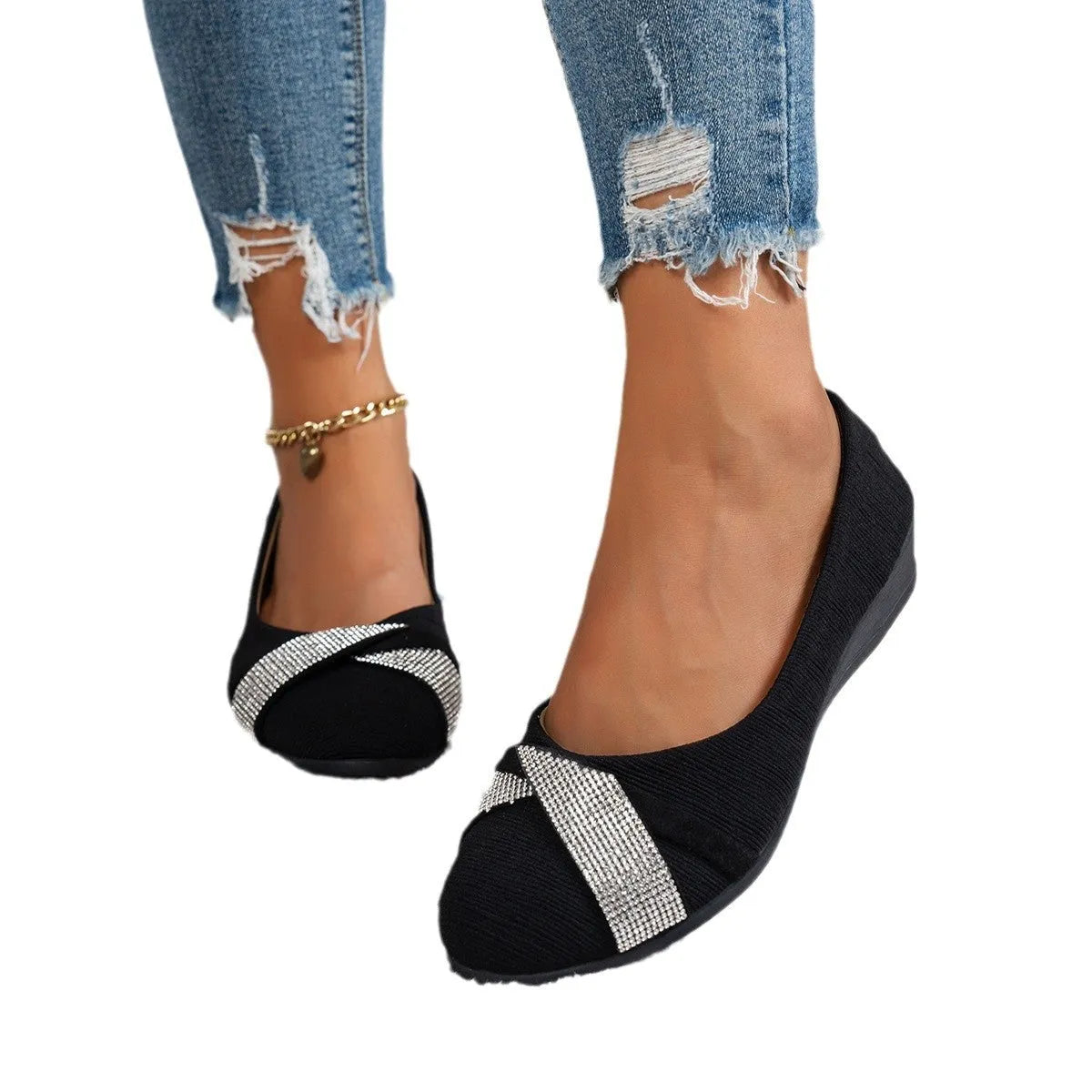 Black women's slip-on shoes with rhinestone decoration and chunky heel