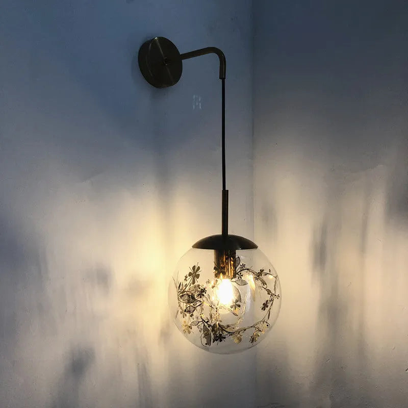 Glass shade wall lamp in golden or silver finish with 15cm or 20cm diameter for bedroom lighting