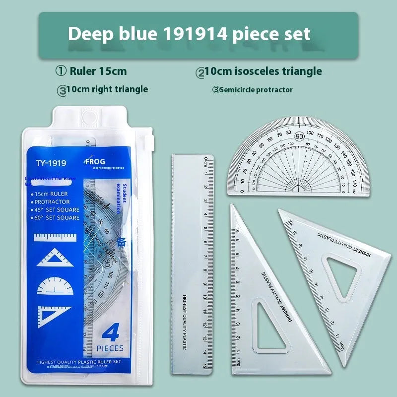Transparent acrylic drawing ruler set with protractor for technical drafting and geometry