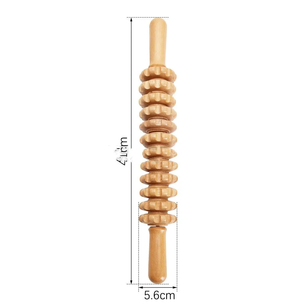 Natural beech wood massage roller set with multiple wheel configurations including straight and curved designs