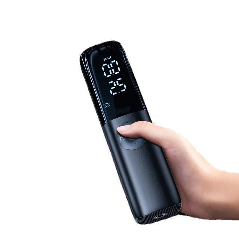 Black portable electric vehicle air pump with tyre pressure gauge and plug-in connector