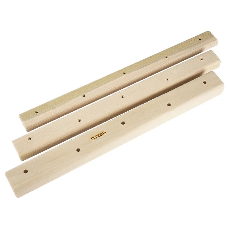 Three wooden grip training finger boards in different sizes for pull-up and climbing strength workouts