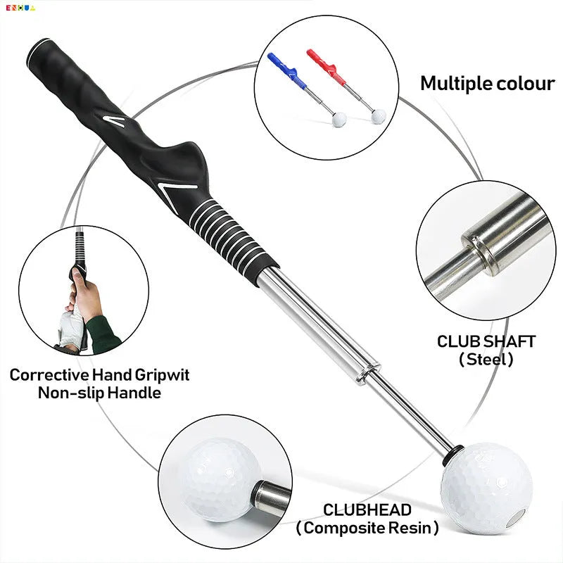 Stainless steel telescopic golf swing trainer simulator in black, blue, or red.