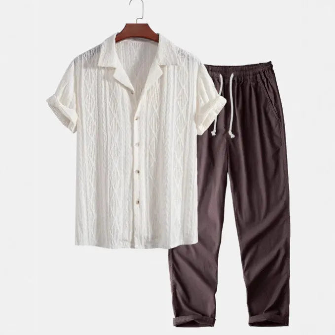 Men's slim fit casual suit set with digital camouflage print on short sleeve shirt and matching trousers