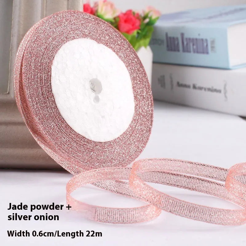 Roll of narrow 0.6cm wide polyester satin ribbon in a choice of colours, showing 22 metre length.