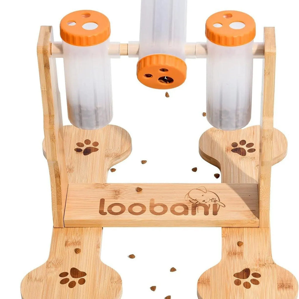 Wooden dog puzzle toy and interactive feeder in natural wood colour, dimensions 31x30x20cm.