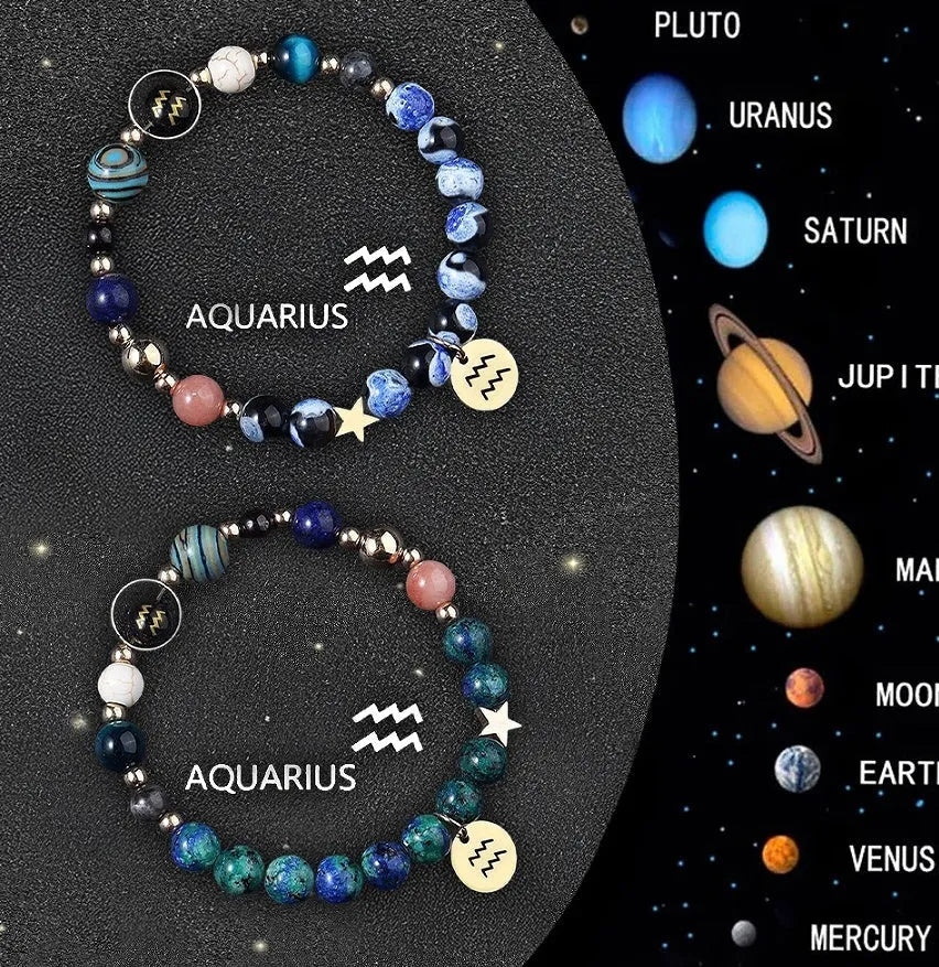 Two natural stone beaded bracelets with zodiac sign charms on a dark background.