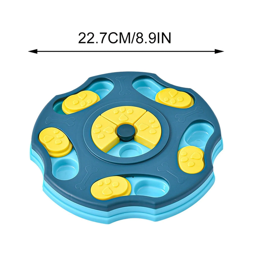 Blue and pink dog puzzle toy food feeder for interactive play and slower eating