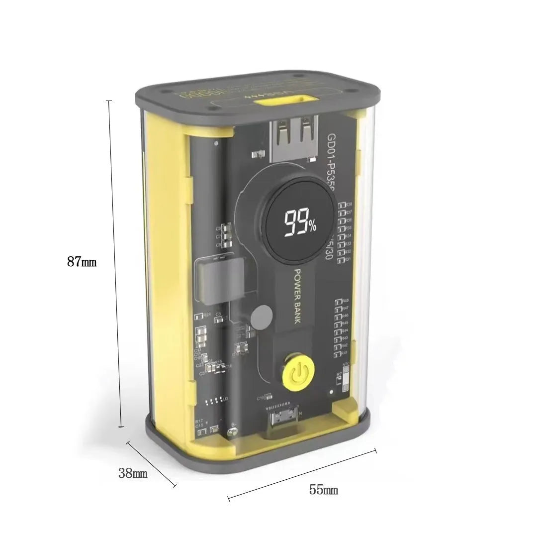 Transparent industrial cylindrical power bank with 10000mAh capacity in yellow colour