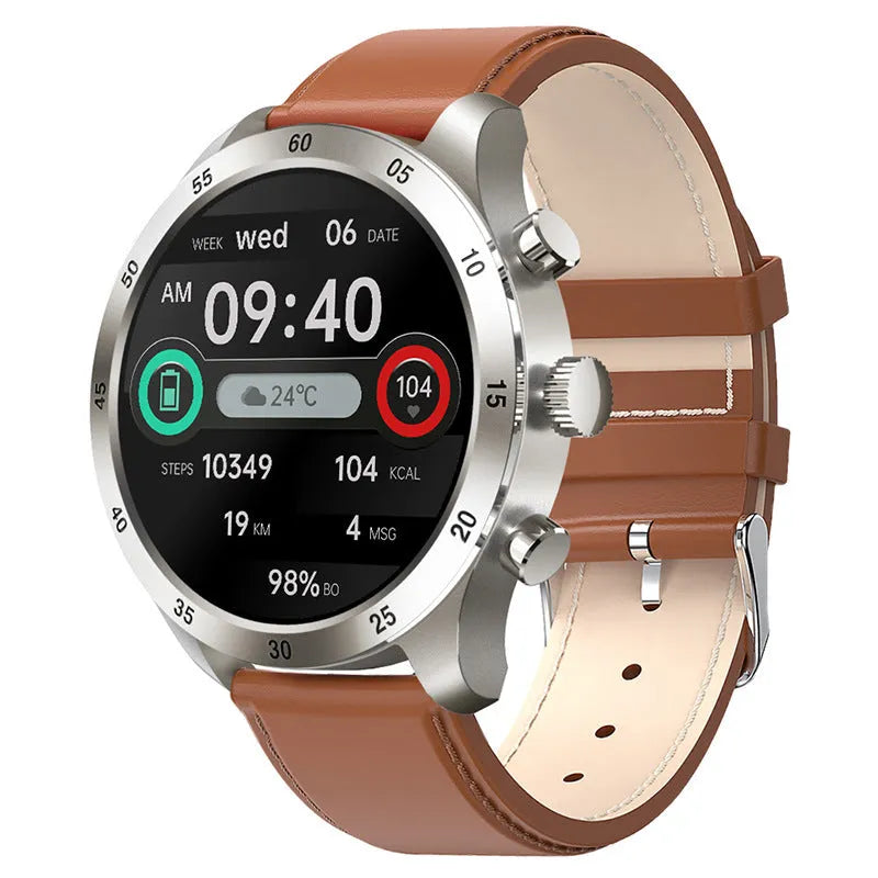 Black steel smart watch on wrist showing Bluetooth calling interface and health metrics.
