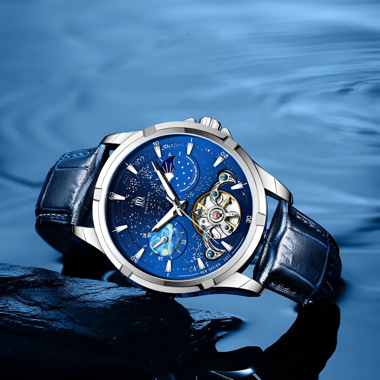 Men's blue dial automatic mechanical watch with stainless steel case showing transparent back revealing movement