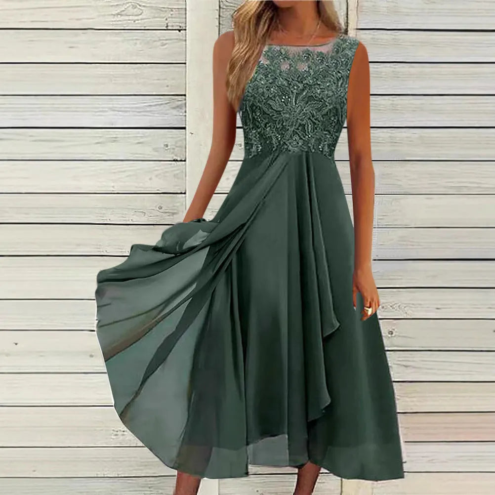 Women's sleeveless green chiffon dress with lace hollow-out detailing and mid-length princess skirt