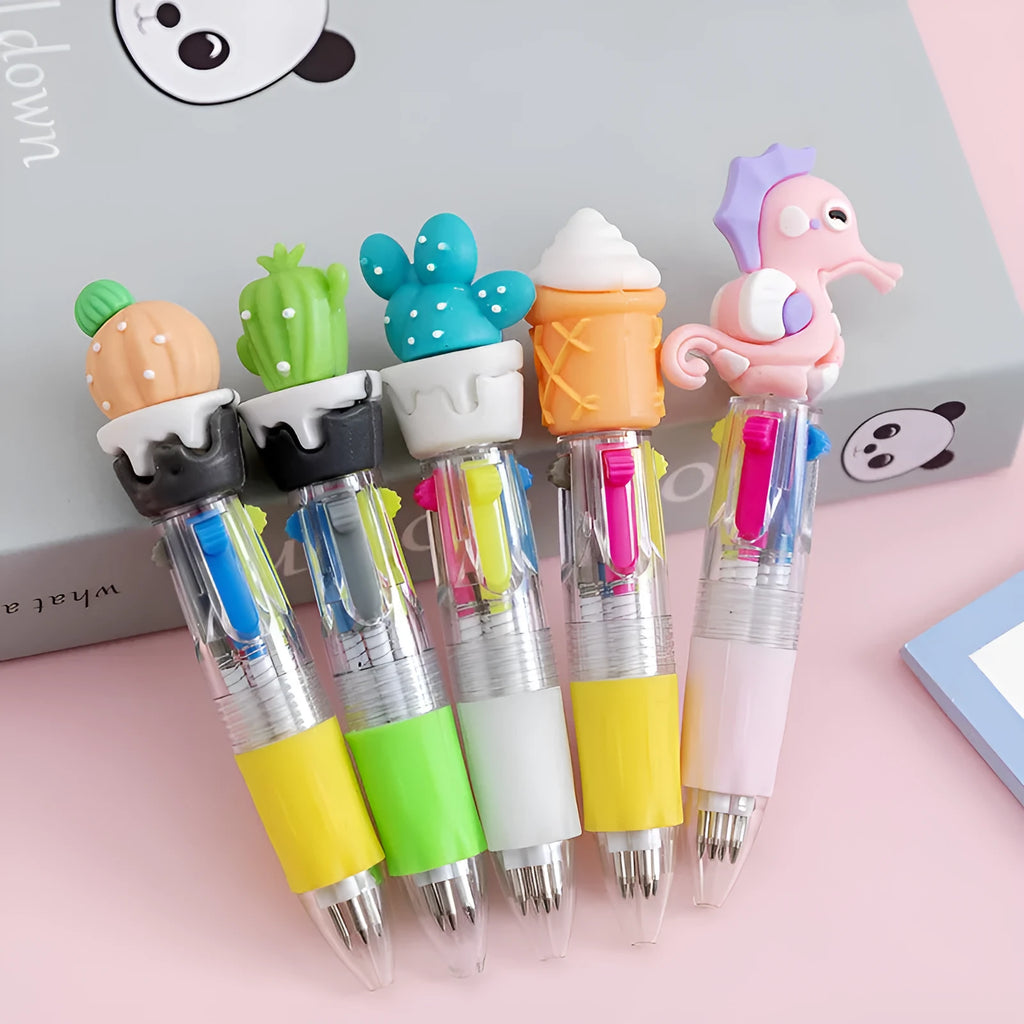Cute cartoon-themed four-colour press ballpoint pen with 0.7mm tip, showing one random design variant.