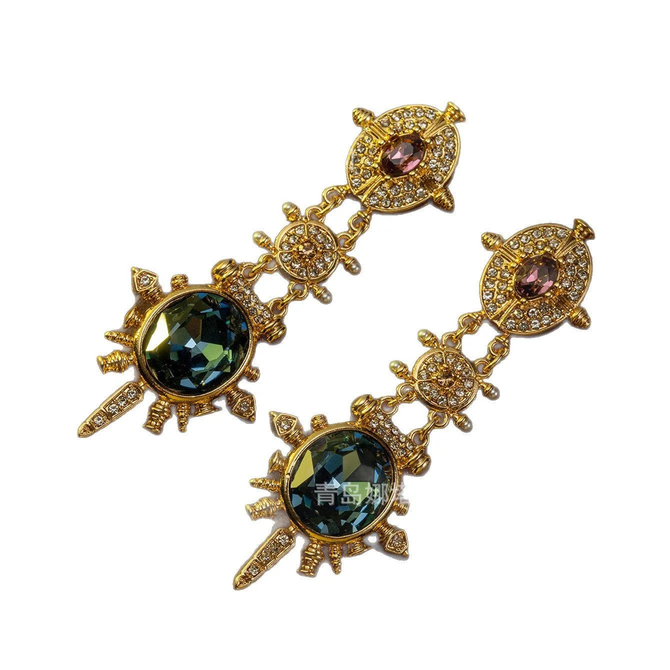 Gold colour retro geometric stud earrings with round design elements on alloy material