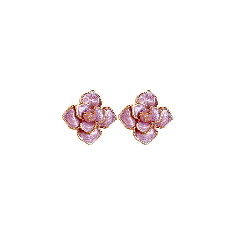 Gold plated purple oil-spot glaze flower stud earrings on copper with fresh floral design