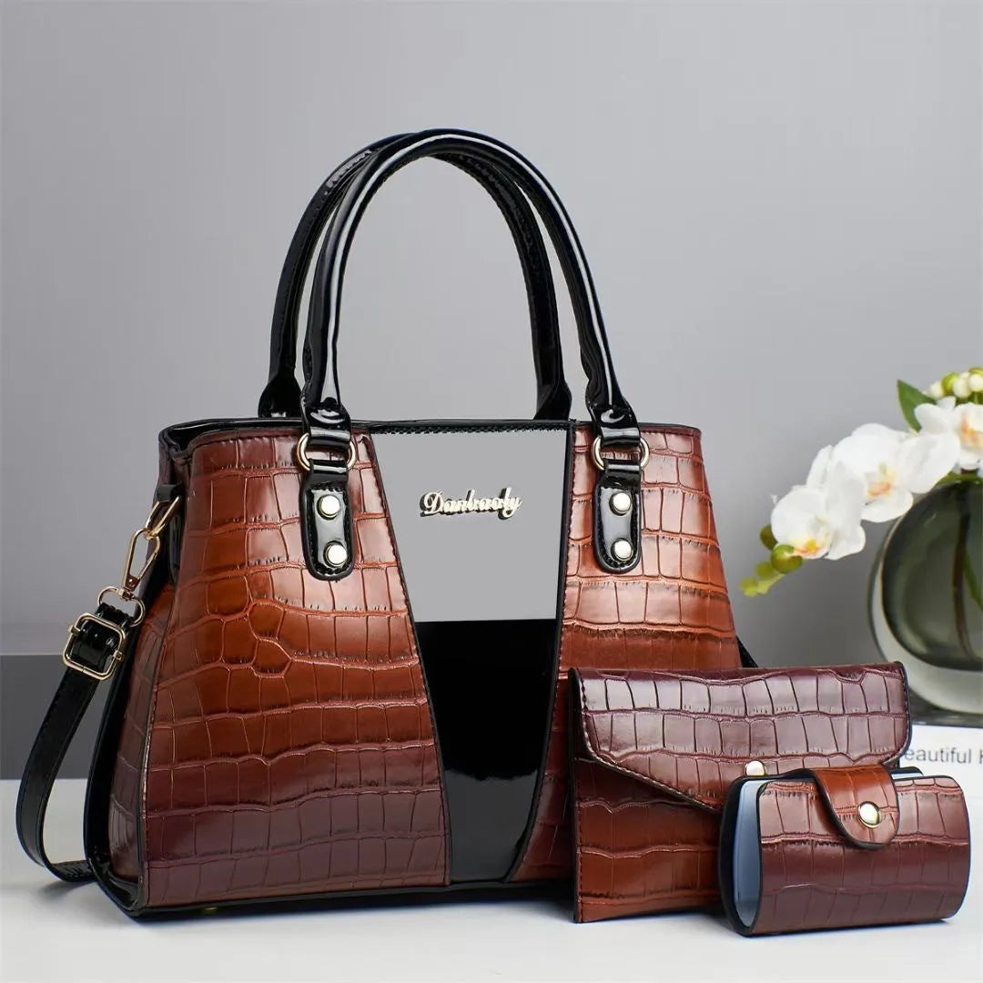 Women's crocodile stitching three-piece shoulder bag set in PU, showing main bag, smaller bag, and card bag.