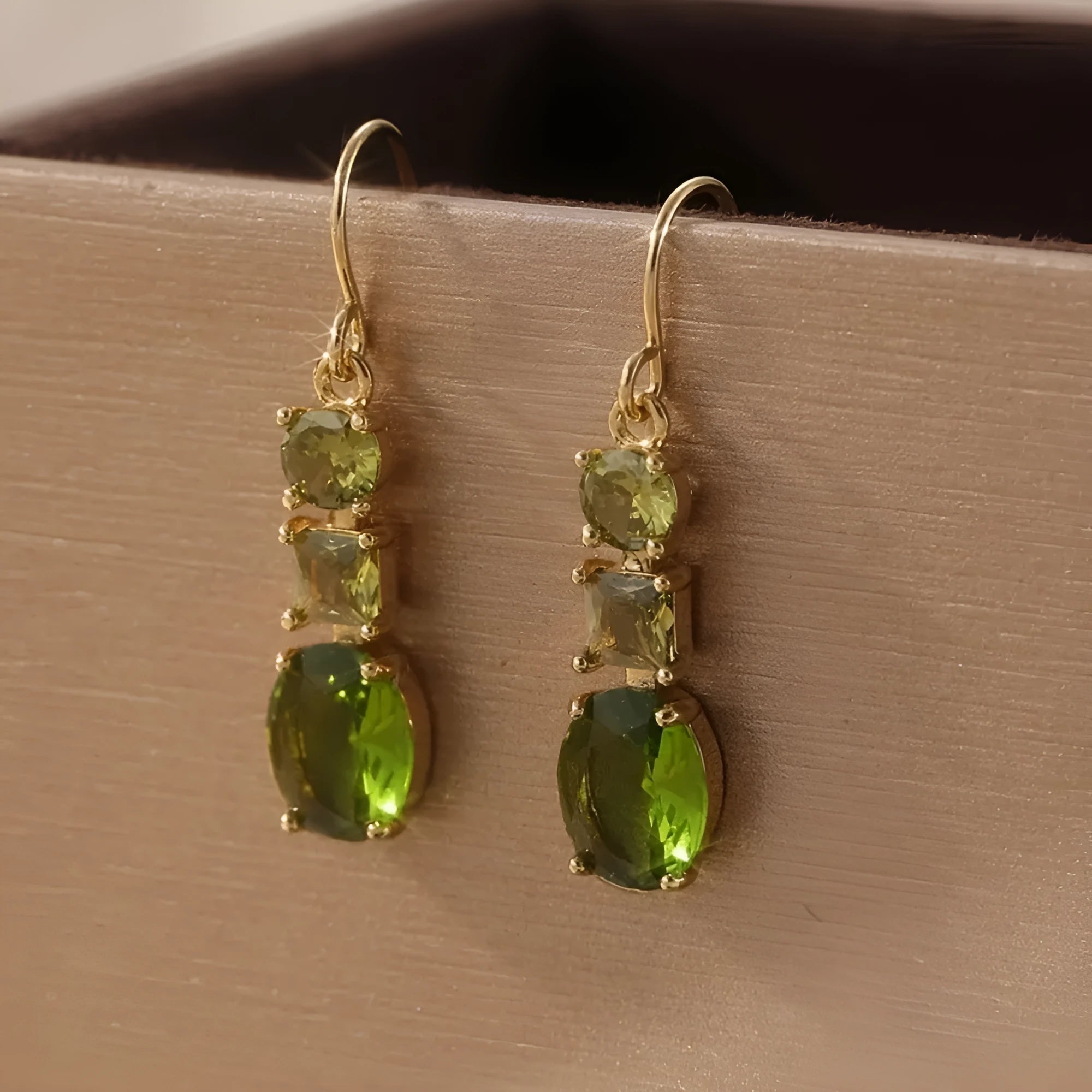 Green geometric bohemian earrings with quadrilateral design on copper alloy