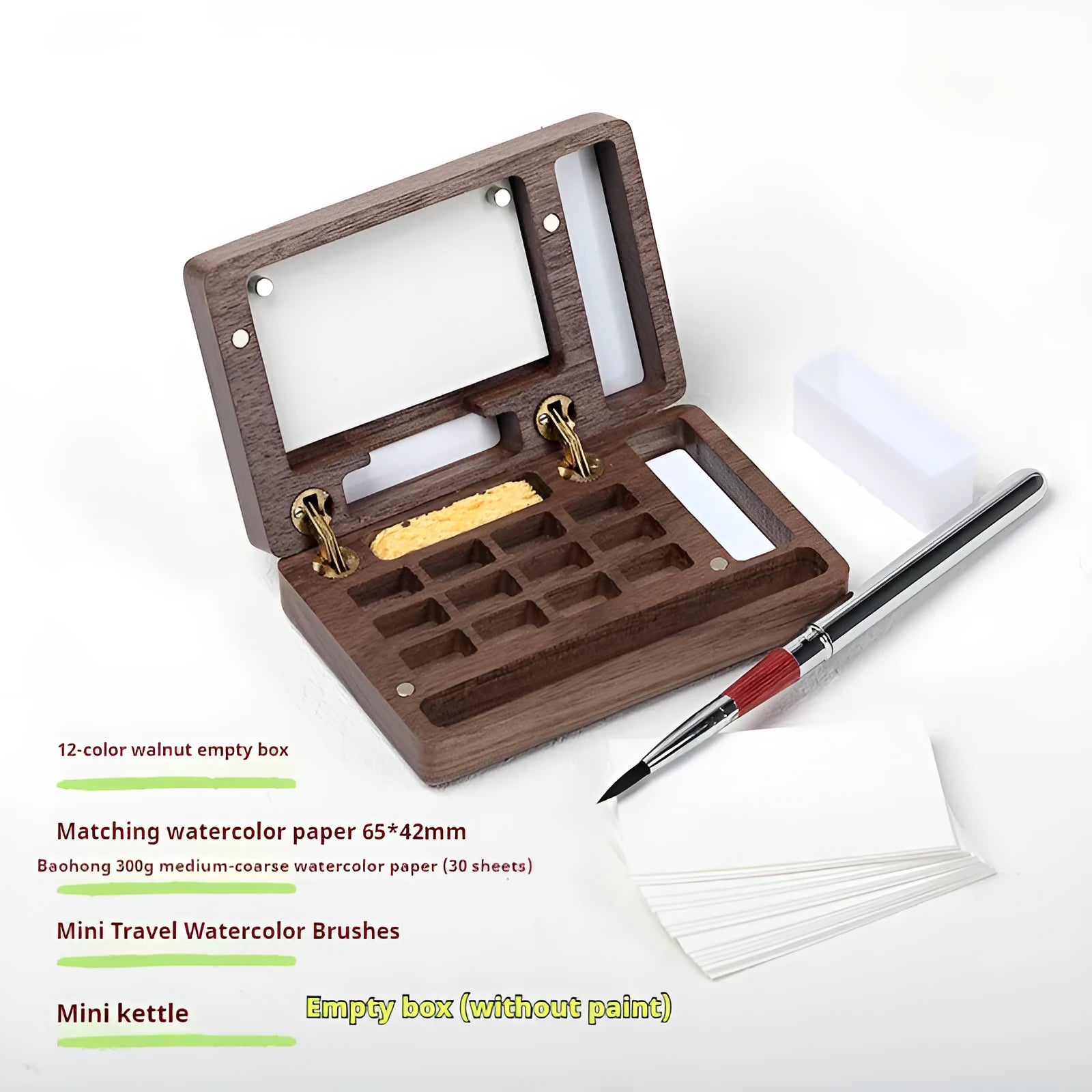 Mini wooden walnut watercolour paint box open showing pigment pans with choice of Schmincke, Holbein, Picasso, or Moonlight colour sets.