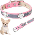 Reflective PU leather dog collar with metal paw rivets and an adjustable buckle on a grey background.