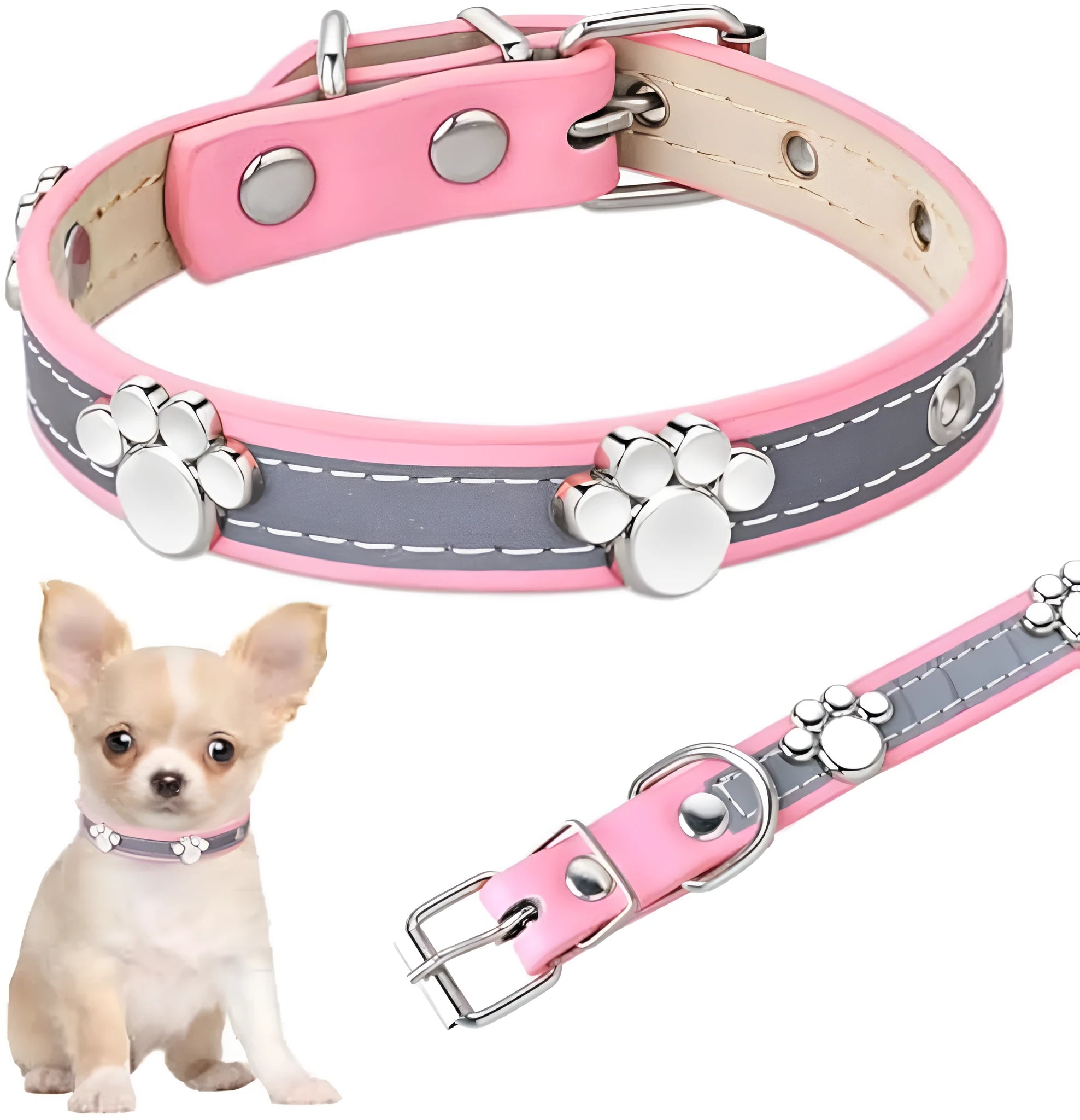 Reflective PU leather dog collar with metal paw rivets and an adjustable buckle on a grey background.