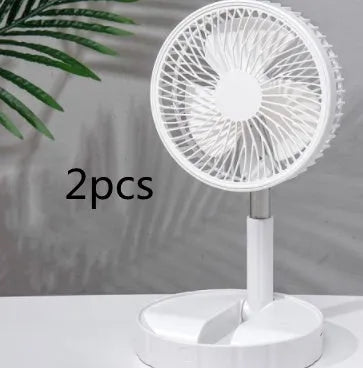 Black portable telescopic folding fan extended to full height showing ABS plastic body and aluminium alloy stand