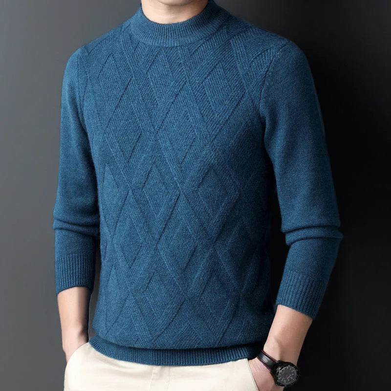 Men's winter thermal plus size sweater in wool blend with diamond jacquard texture