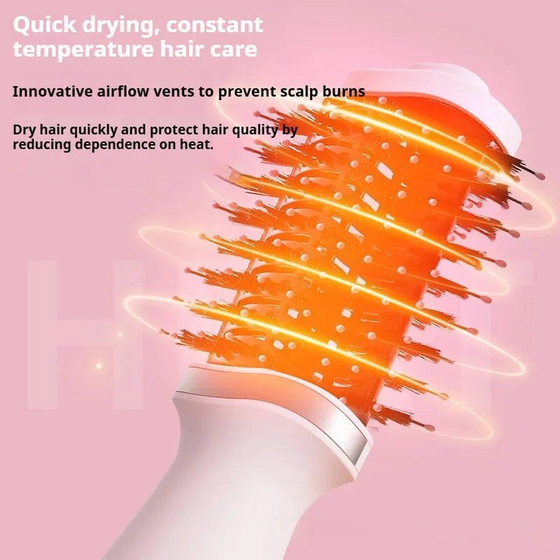 Pink multifunctional hair dryer with integrated comb and curling attachment