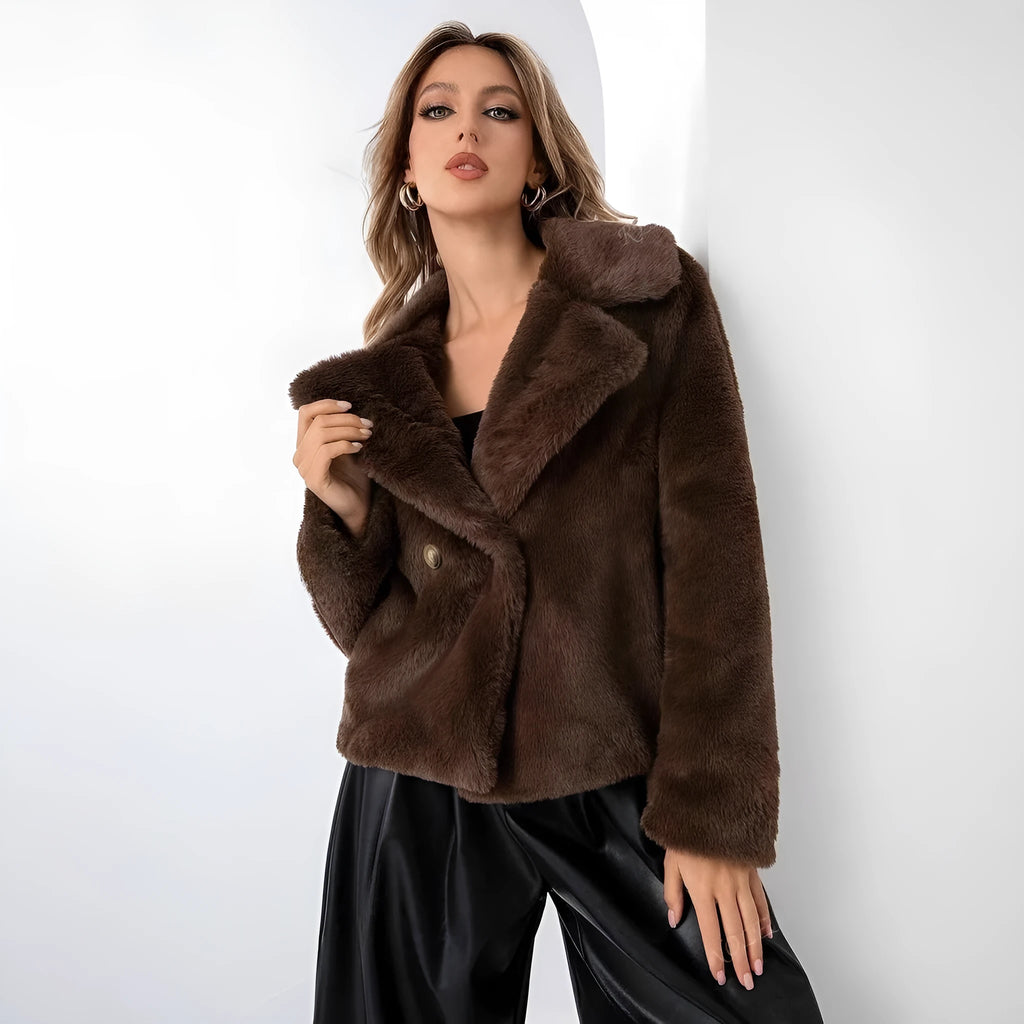 Women's short faux fur coat in loose fit with regular sleeves shown in available colours