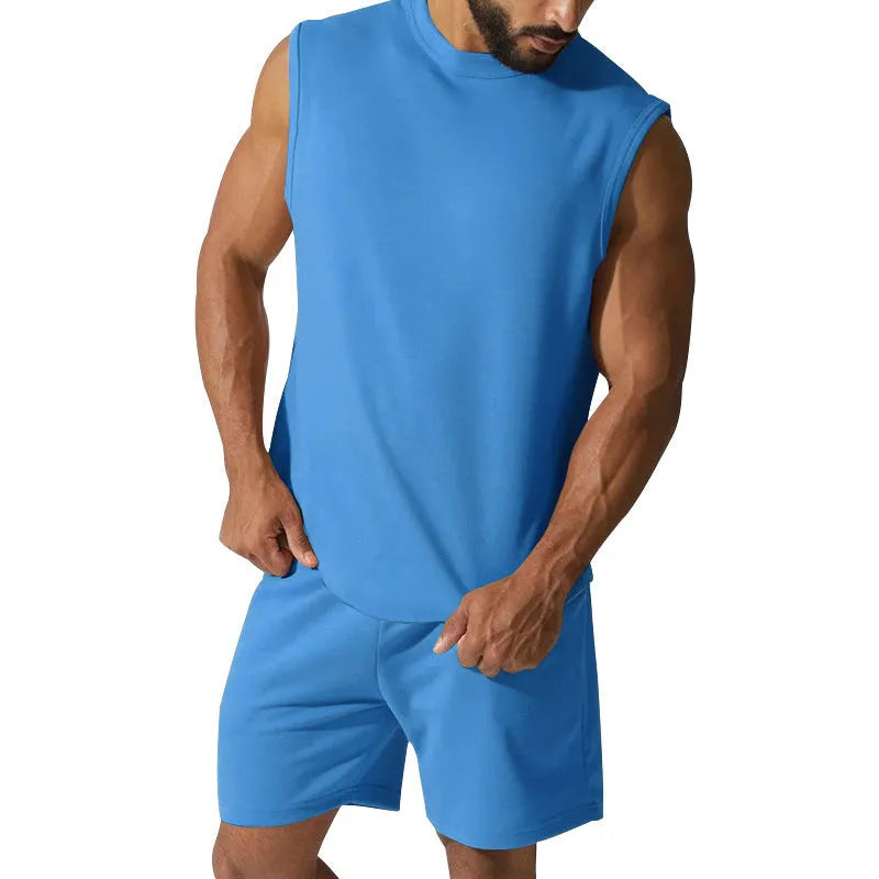 Men's sleeveless sports suit two-piece set in cotton blend fabric showing top and matching shorts