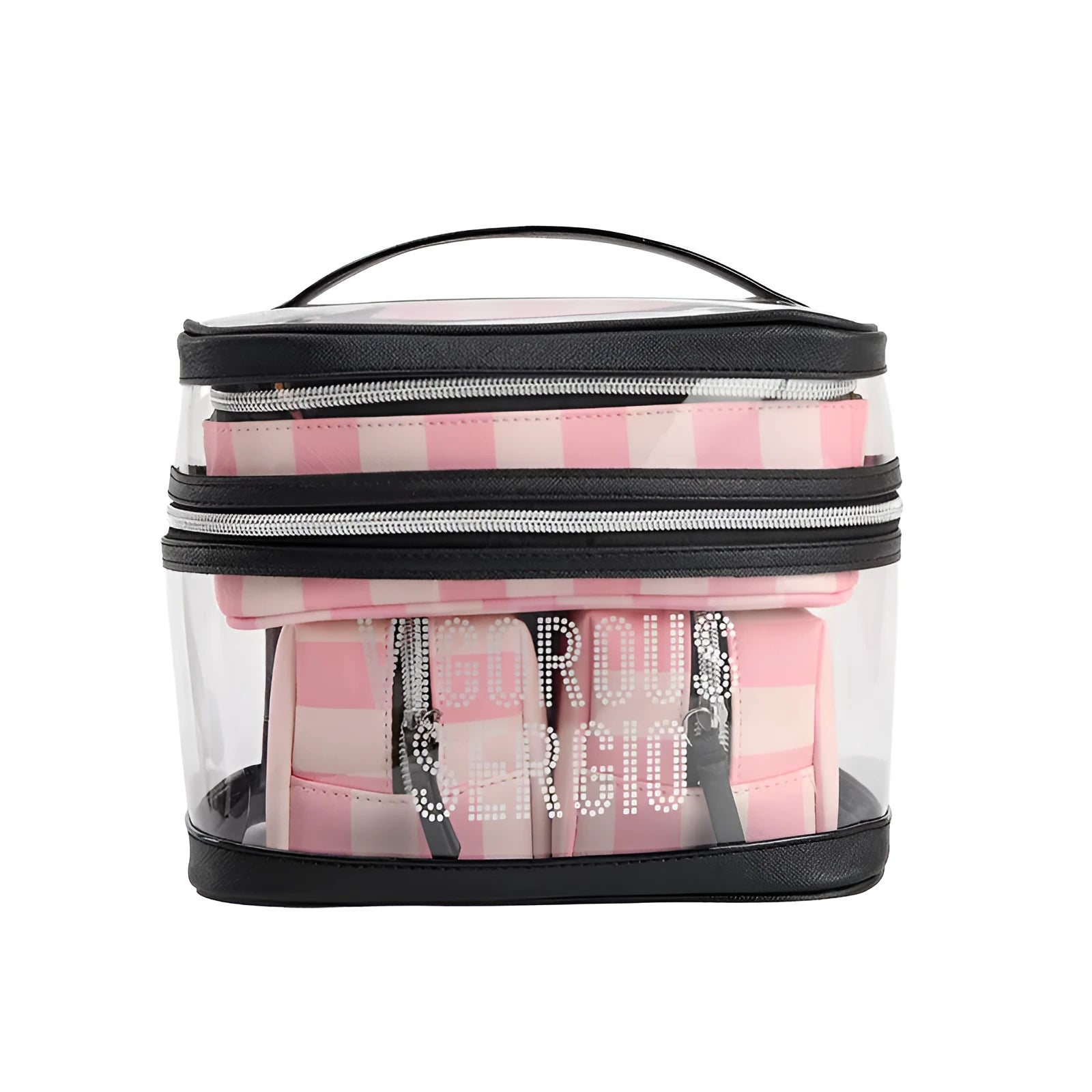 Pink bold stripes floral makeup bag with waterproof synthetic leather construction and folding design
