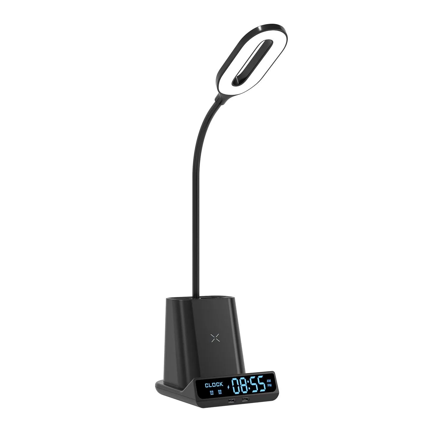 Modern desk lamp with wireless charging pad, pen holder, and LED clock display