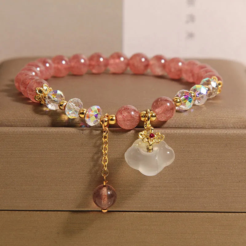 Women's natural crystal bracelet with strawberry quartz and white agate beads in auspicious clouds pattern