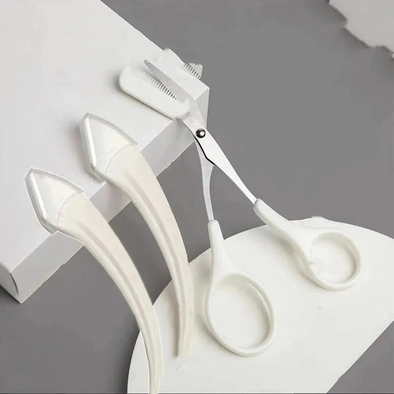 Curved moon-shaped eyebrow trimmer with a cutting comb on a white background.