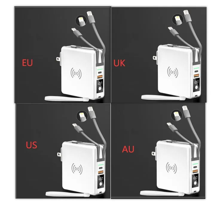 Black and white Super QI wireless charging power bank with integrated plug and international adaptors.