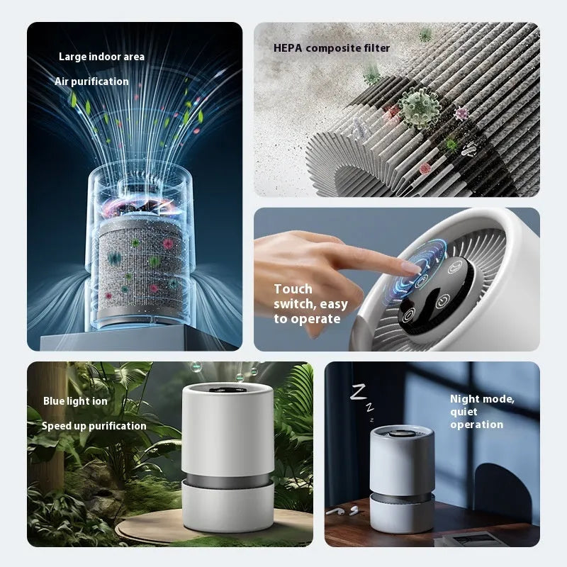 White simple-style desktop USB air purifier with Type-C cable on a desk.